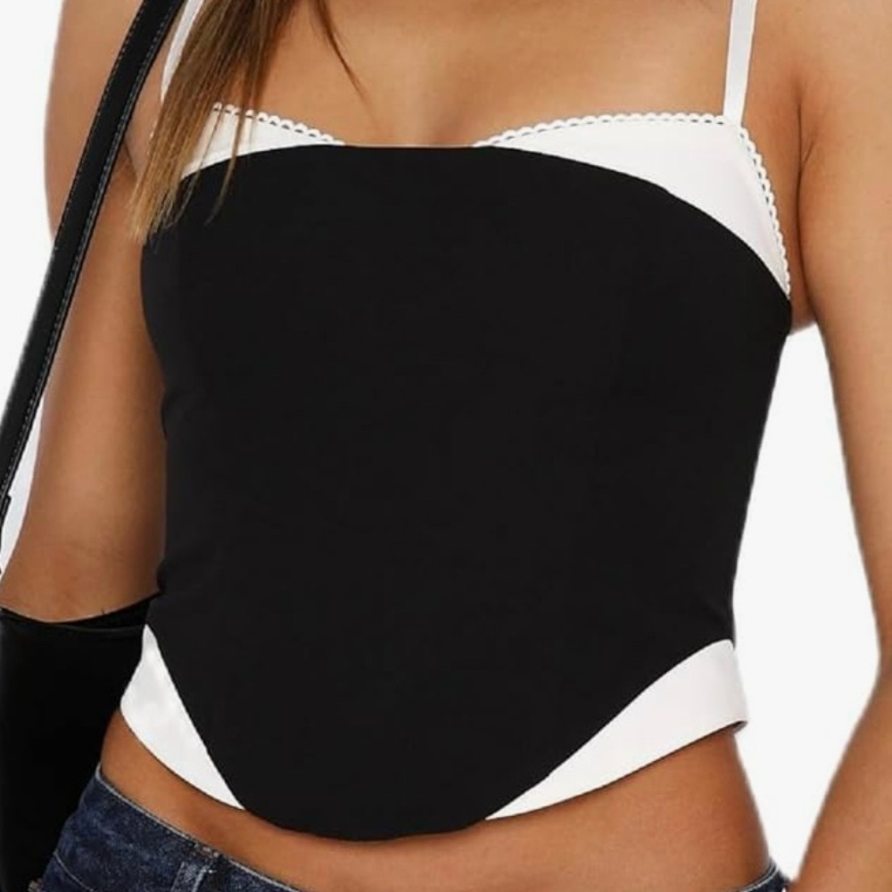 White Fox Sz M Black White Bustier Corset Style Cropped Back Zip Stretch Top